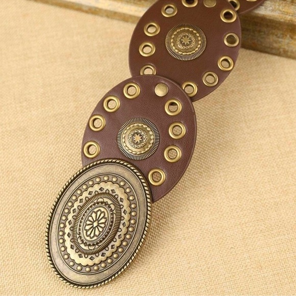 Western Brown Vegan Leather Grommet Concha Belt main image 4